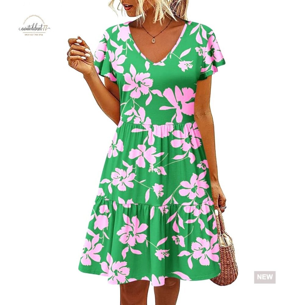 V-Neck Ruffle Sleeve A-Line Summer Dress with Pockets Casual Loose Fit